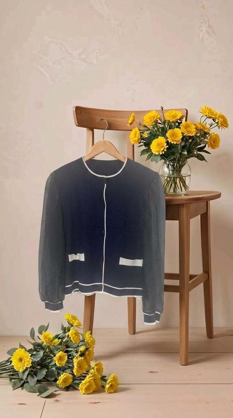 Saodimallsu Women's Navy Knit Button-Down Cardigan with Sheer Organza Sleeves